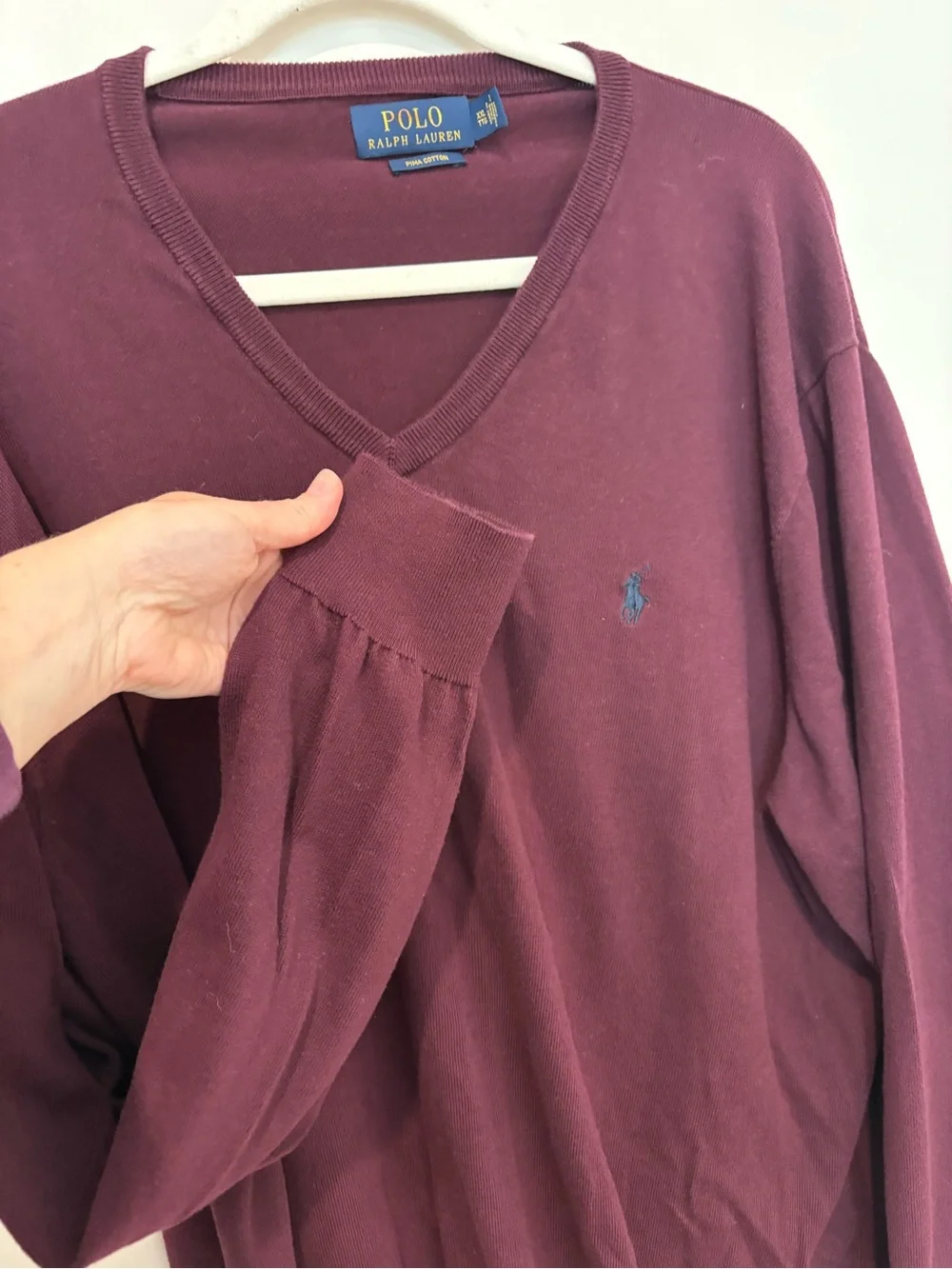 Polo Ralph Lauren Burgundy V-Neck Sweater Pony Logo Pima Cotton Preppy Classic